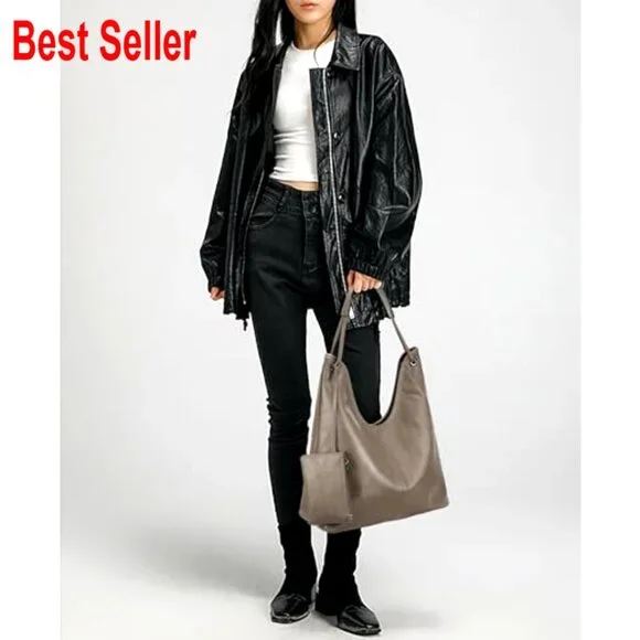 Genuine Cowhide Leather Hobo Handbag with Coin Pouch